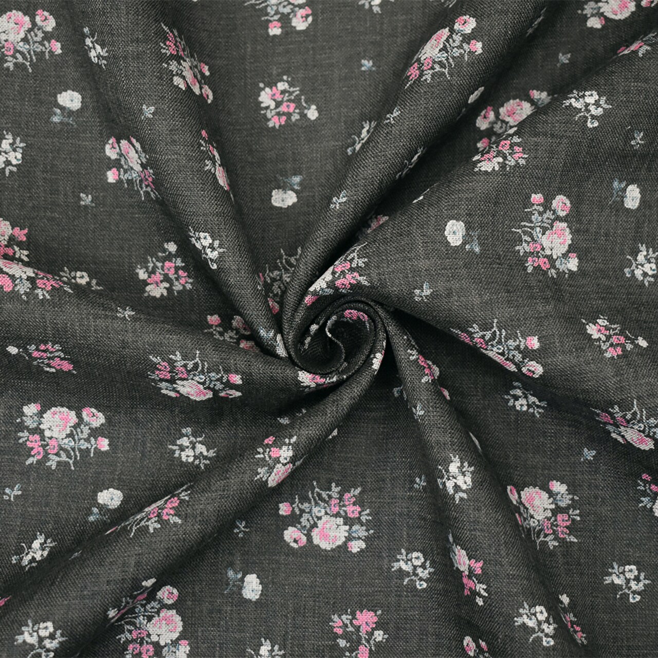 Ash Black-Pink-Multi Floral Ditsy Printed Linen Woven Fabric By the Yard